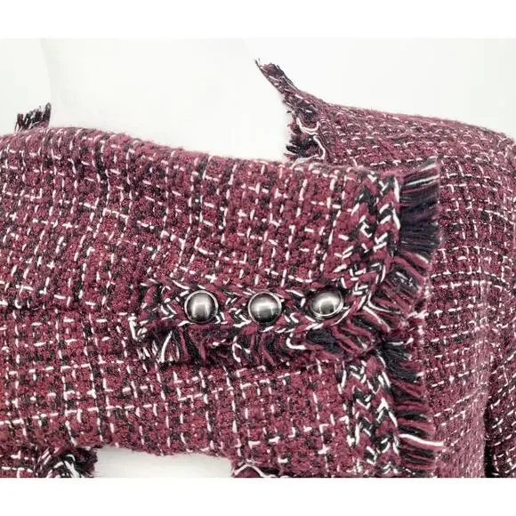 White House Black Market Womens Sz 10 Burgundy Tweed Fringe Blazer Heritage Chic - Picture 6 of 11